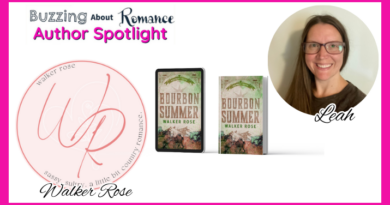 Promotional graphic for the 'Buzzing About Romance' Author Spotlight featuring Walker Rose. The image includes the show's logo with 'Author Spotlight' in pink and purple text. Below is Walker Rose's circular logo with 'sassy, sultry, a little bit country romance' written around the edges. In the center are two versions of the book Bourbon Summer—one as an eBook on a tablet and one as a paperback. On the right side is a circular photo of Leah, smiling and wearing glasses, with her name in cursive script. The graphic has a bold pink border.